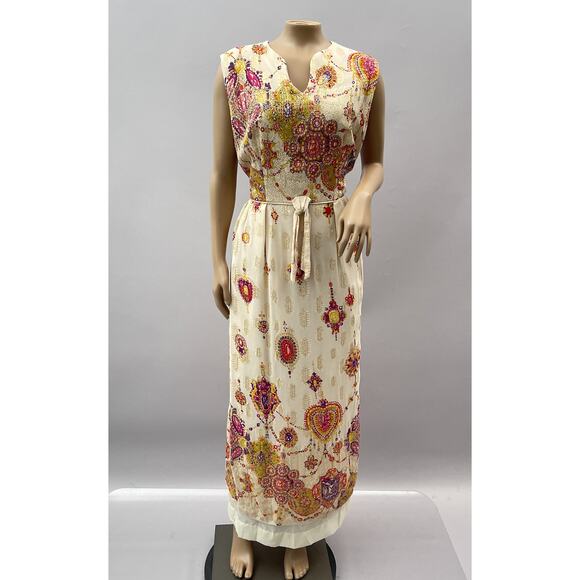 Alice of California Vtg 60s Dress Women M Metallic Batik Print Maxi Boho Formal - Picture 1 of 10